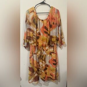 Melissa Paige 2X Orange Brown Floral Boho Smocked Waist Colorful Abstract Dress